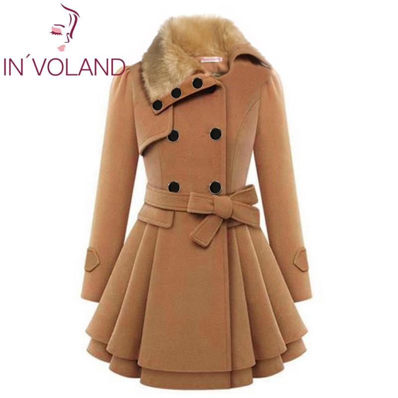 

New Fashion Women Wool Jackets Winter Faux Fur Lapel Long Sleeve Casual Double-Breasted Warm Thick Trench Coat Jacket with Belt, Red