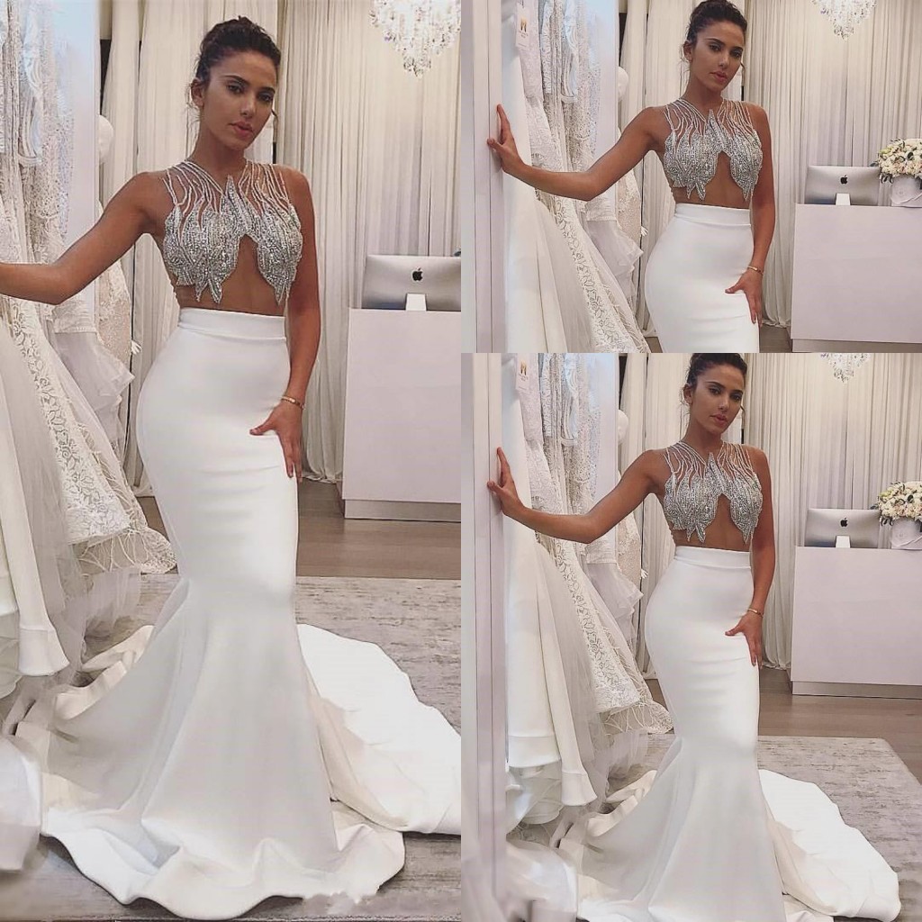 

2021 Sexy Arabic Mermaid Wedding Dresses Formal Bridal Gowns Jewel Neck Illusion Sheer Sleeveless Crystal Beaded Backless Long Sweep Train Plus Size, White