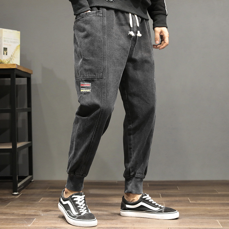 

Free shipping 2019 men's autumn and winter plus fertilizer to increase jeans in the waist tie loose loose Harlan trousers, Black gray