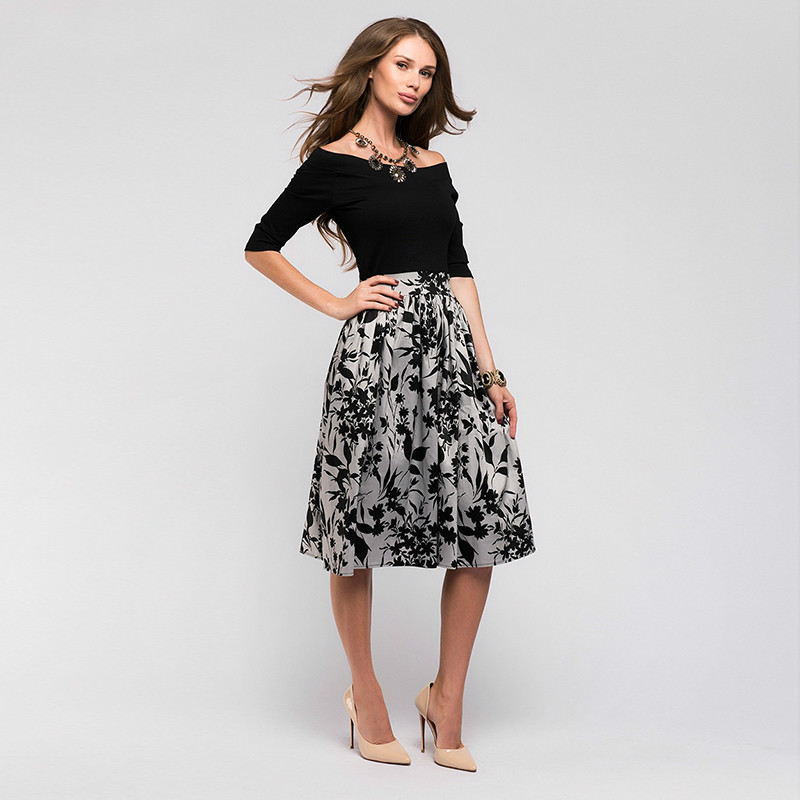 

Februaryfrost Women Off Shoulder Floral Printed Patchwork Long Sleeved Dress Sexy Slash Neck Casual Party Dress, Gray