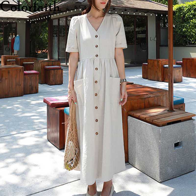 

Colorfaith New 2020 Women Summer Dress High Waist Single Breasted Puff Sleeve Casual Pockets Cotton and Linen Long Dress DR6152, Beige