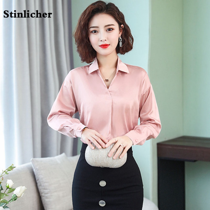 

Women's Blouses & Shirts Plus Size 2021 Spring Fashion Female Elegant Solid Chiffon Blouse Women Silk Satin Office Lady Career Blusa Pullove, White