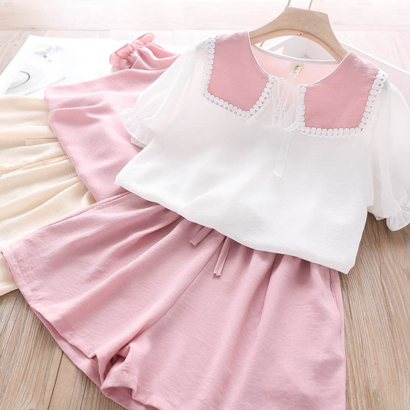 

2020 Summer Girls Sets Lace Short Embroidered Shirt + Shorts Children's Clothing Wholesale