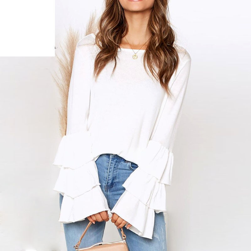 

Chiffon Blouse White Women Tops Long Ruffles Sleeve O Neck Work Wear Shirts Elegant Lady Casual Blouses blusas Plus size, Black