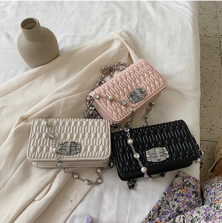 

Factory wholesale women handbag fashion Pearl diamond chain bag small fresh stripes womens shoulder bags flip diamonds buckle fashionsbag