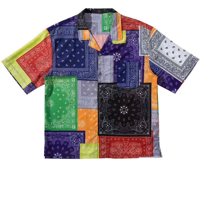 

Hip Hop Shirts Men Color Patchwork Fashion Streetwear 2020 Summer Holiday Outwear Casual Short Sleeve Turn-down Collar Male Tops, Multi