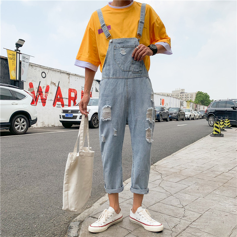 

Summer overalls men' Korean version of the hole-breaking denim Siamese nine-point pants loose sling jumpsuit, Blue