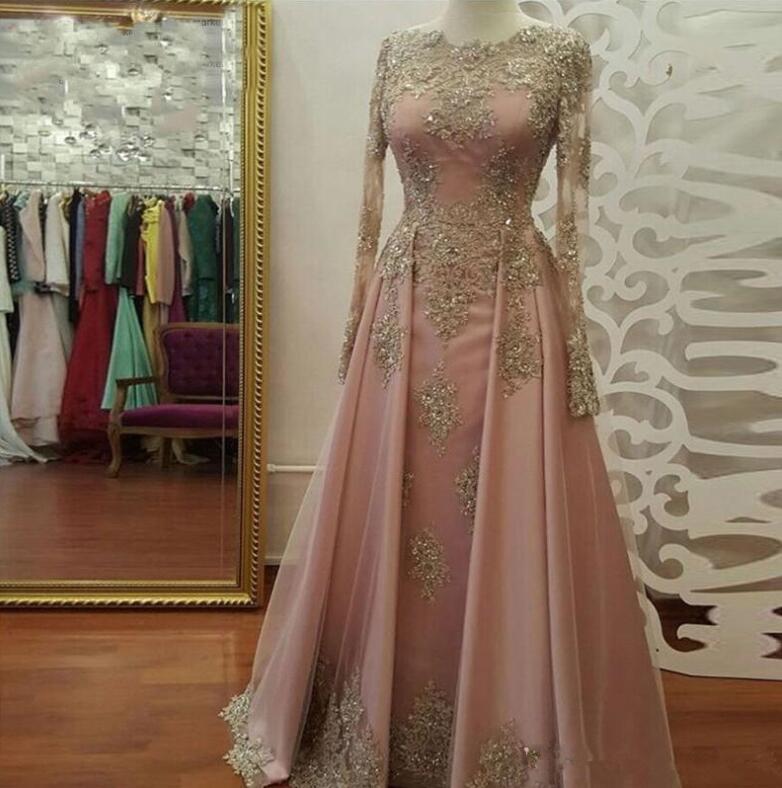 

Formal Evening Dresses Long Sleeve Jewel Sweep Train Appliques Beaded Special Occasion Dress Prom Party Gowns, Pink