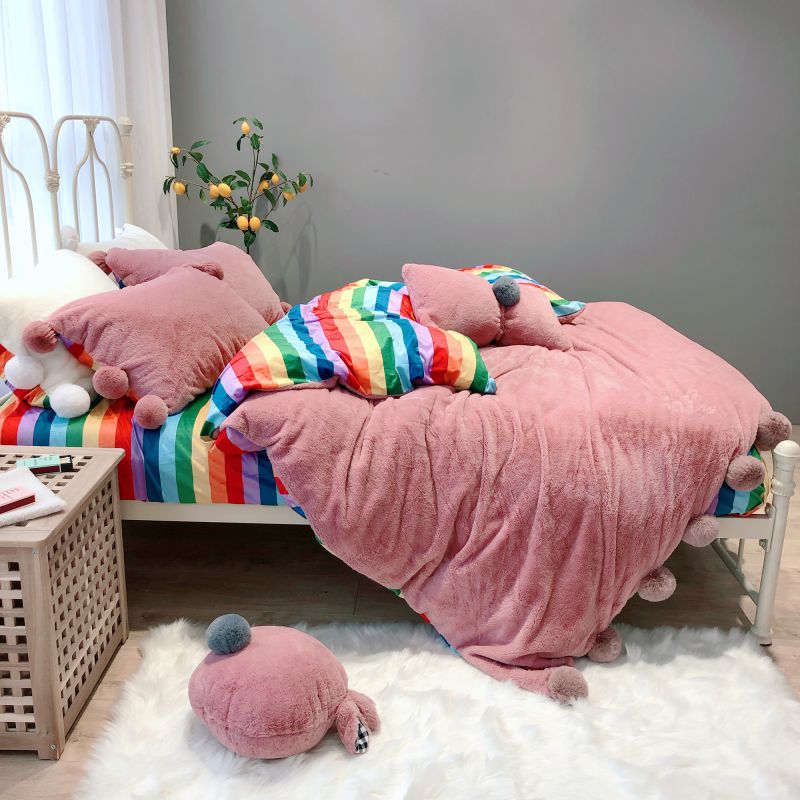 

Red bean paste Seven Rainbow Winter Warm Flannel Velvet Fleece Princess Girl Bedding set Duvet Cover Bed Sheet Pillowcases