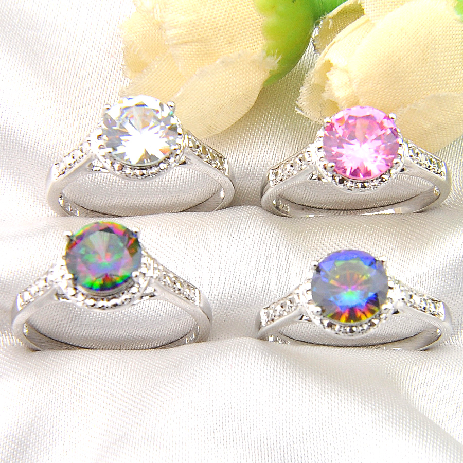 

LUCKYSHINE Simple and Generous 12 Pcs 925 Sterling Silver Mix Color Rings Fashion Round Gems Retro Rings For Women Unisex