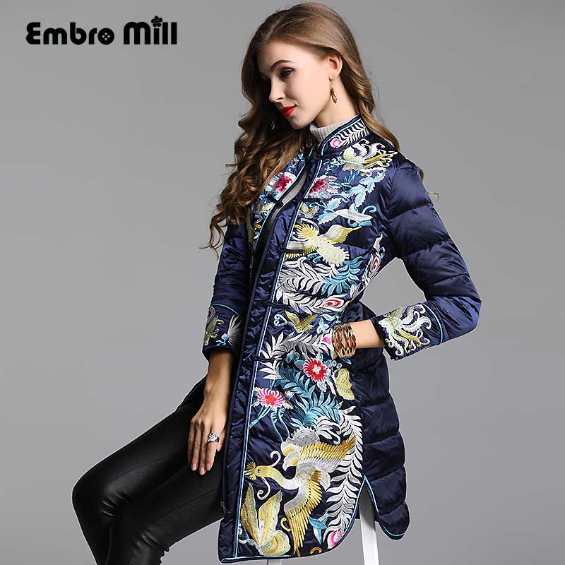 

Royal embroidery flowers Down Jacket coat women winter flowers vintage lady floral loose White duck Down Parkas female -XXXL, Champagne