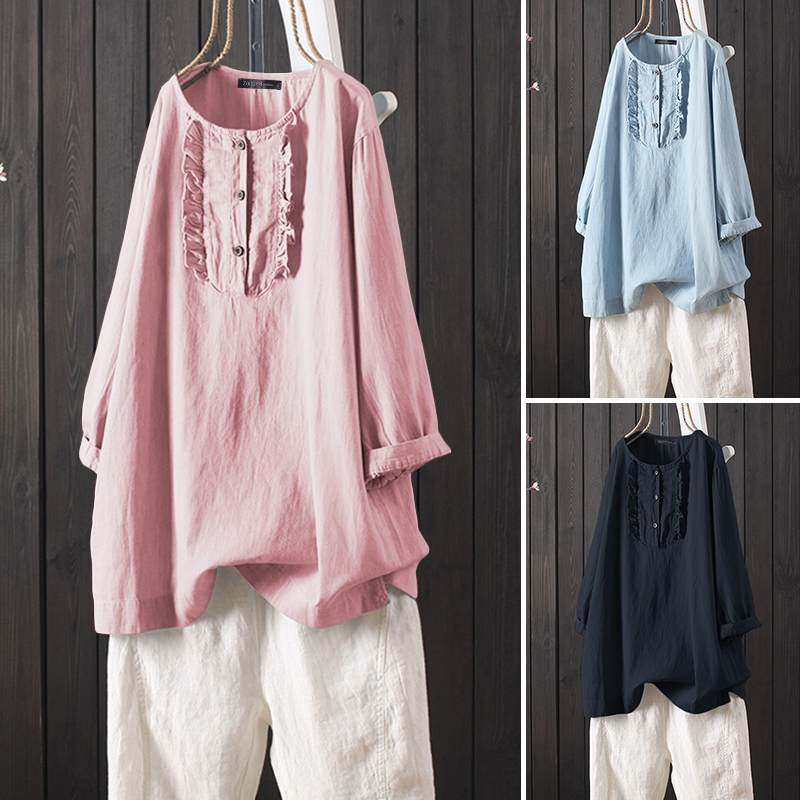 

Women' Spring Ruffle Blouse 2020 ZANZEA Elegant Shirts Casual Long Sleeve Shirts Female Button Blusas Oversized Cotton Tunic, Pink