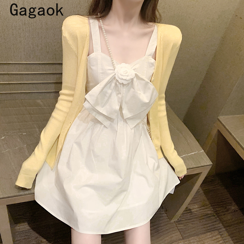 

Gagaok Women Sexy & Club A-Line Dress 2020 Summer New Solid Spaghetti Strap Bow Flower Dresses Sweet Chic Wild Fashion Vestidos, White