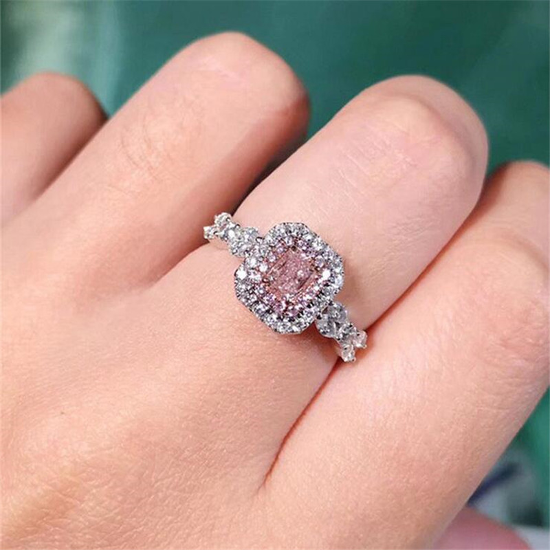 

Sparkling Luxury Jewelry 925 Sterling Silver Princess Cut Pink Sapphire Diamond Promise Ring Women Party Wedding Engagement Band Ring Gift