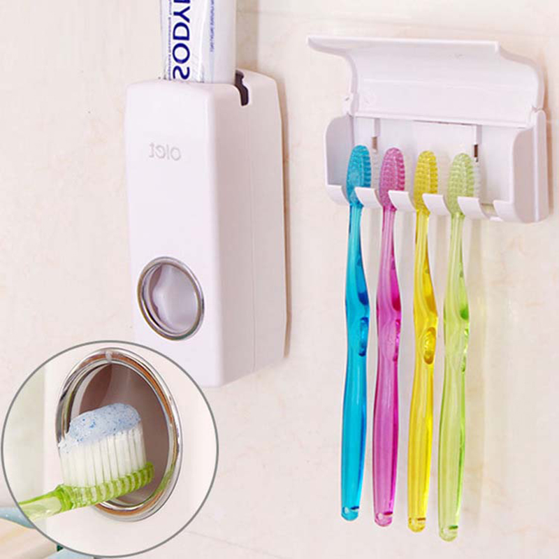 

1 Set Tooth Brush Holder Automatic Toothpaste Dispenser + 5 Toothbrush Holder Toothbrush Wall Mount Stand Bathroom Tools Washing Set