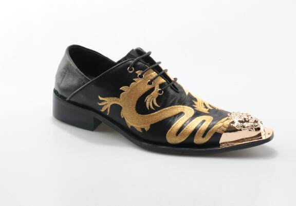 

New Men's Shoes dress Gold Dragon Leather Zapatos Hombre Black Metal Head Lace-up Top Quality Shoes Men Flats, Customize