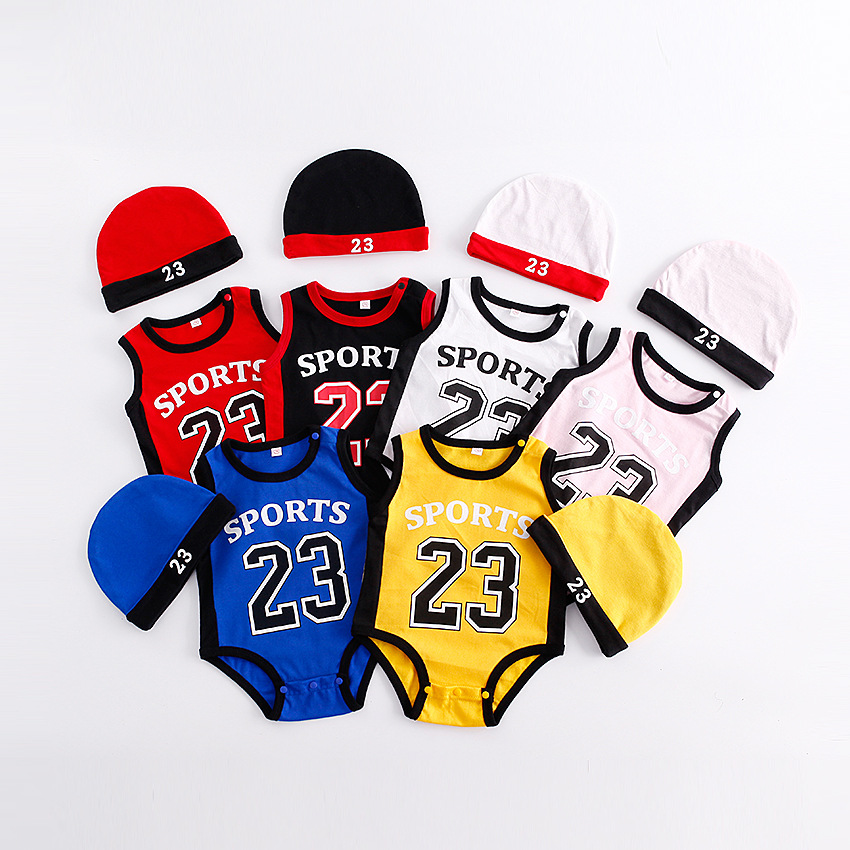 

Baby Infant Boy Designer Clothes Romper Boy Girl Basketball 23 print Short Sleeve Romper with Hat baby Climbing 100% cotton summer clothes, As piciture/ romper +hat