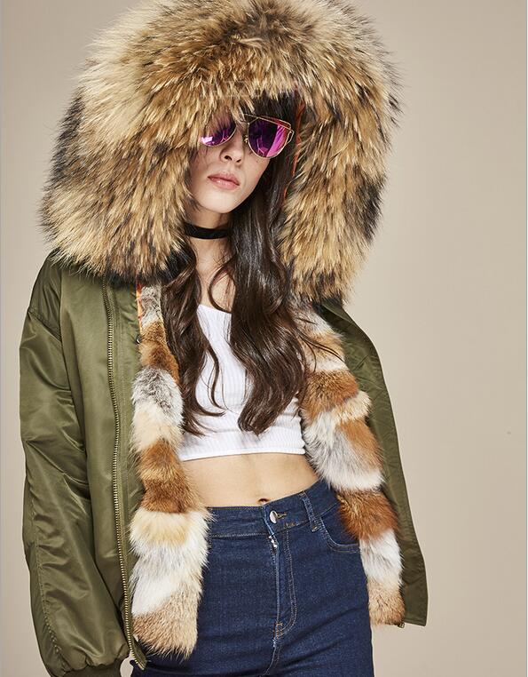 

flight bomber parkas for women brown raccoon fur trim Cold resistant JAZZEVAR brand red brown fox fur lining army green bomber jackets, Army green coat
