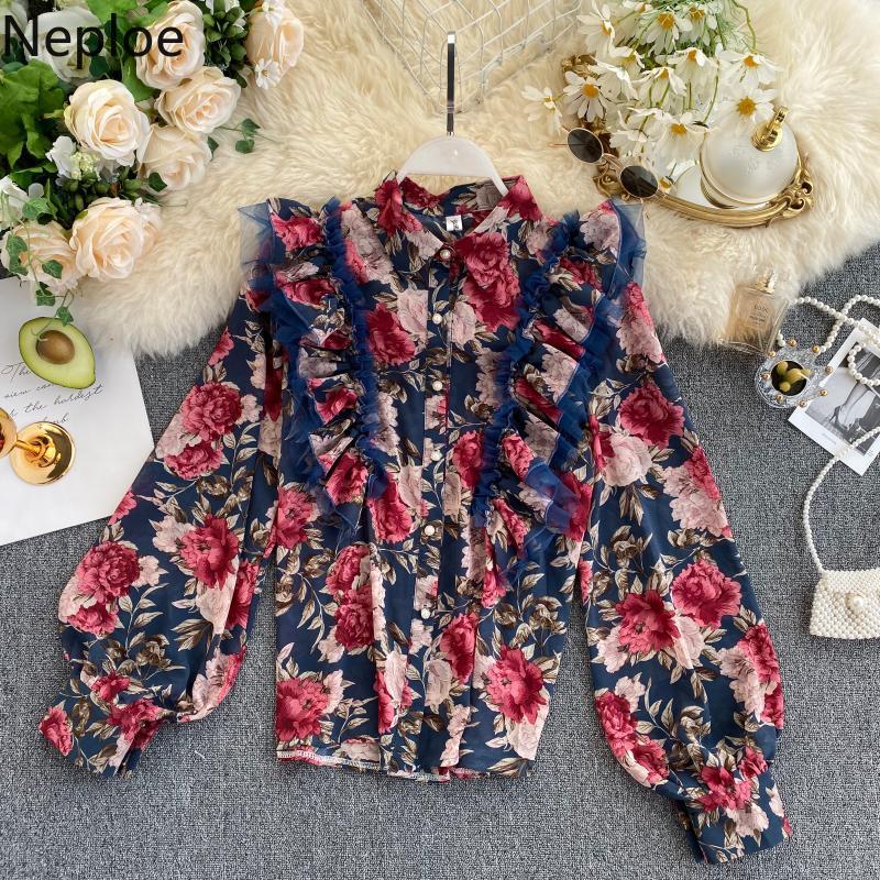 

Neploe Retro Ruffles Print Chiffon Shirt Turn Down Collar Puff Long Sleeve Blouse Autumn Spring 2020 New Holiday Beach Shirt, Green