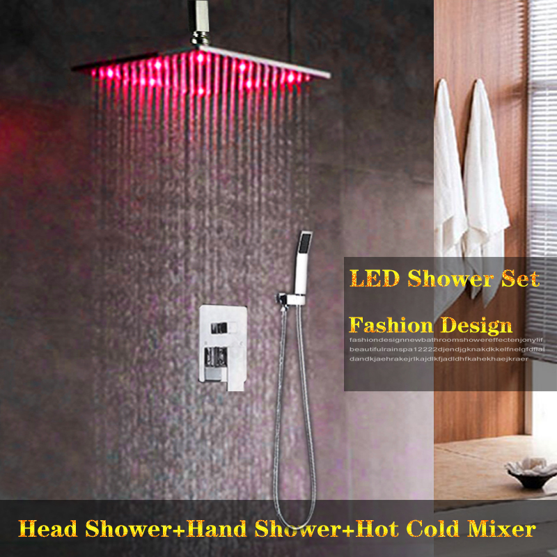 

Hydro Power Temperature Control Color Change Led shower set High Quality brass rain home bathroom concealed Ceiling head and hand shower set