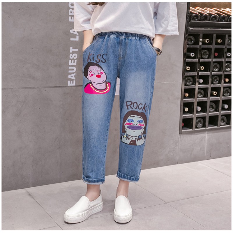 

Plus Size Boyfriend Jeans For Women 2019 Spring summer Print Elastic Waist Casual BF Retro Hole Capris Denim Harem Pants jean, Sky blue