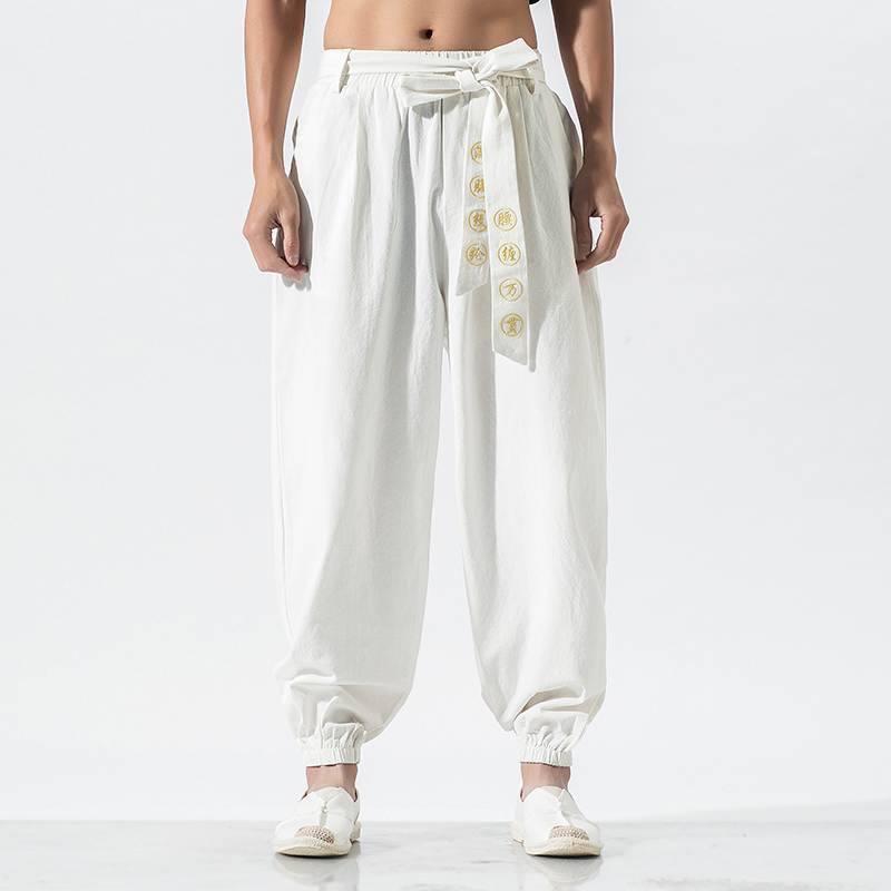 

5 Colors Men Belt Embroidery Chinese Style Loose Casual Harem Pants Male Streetwear Hip Hop Trouser Joggers Sweatpants, Black