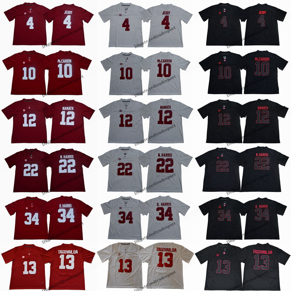 

2019 Alabama Crimson Tide 4 Jerry Jeudy 22 Najee Harris 34 Damien Harris 10 AJ McCarron 12 Joe Namath Tua Tagovailoa College Football Jersey, Black