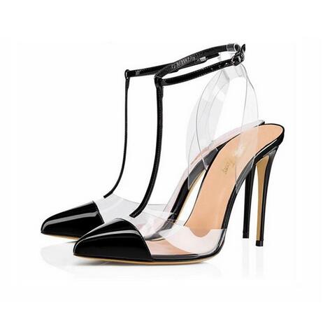 

Free Shipping fashion new woman women lady 2019 New Black Poined Toes PVC slingback High Heels Shoes Sandals Pumps t strap HIGH-HEELED SHOE, Black heel 8cm