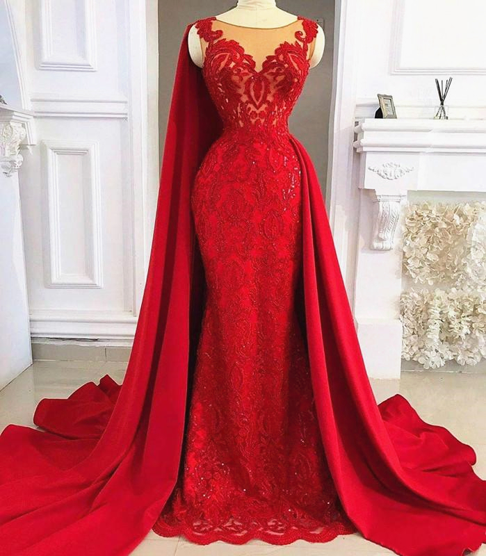 

Shiny Red Lace Evening Dress with Cape Long Wrap Sheer Neck Mermaid 2020 Fashion Sparkly Bling Prom Party Gown Custom Size, Black
