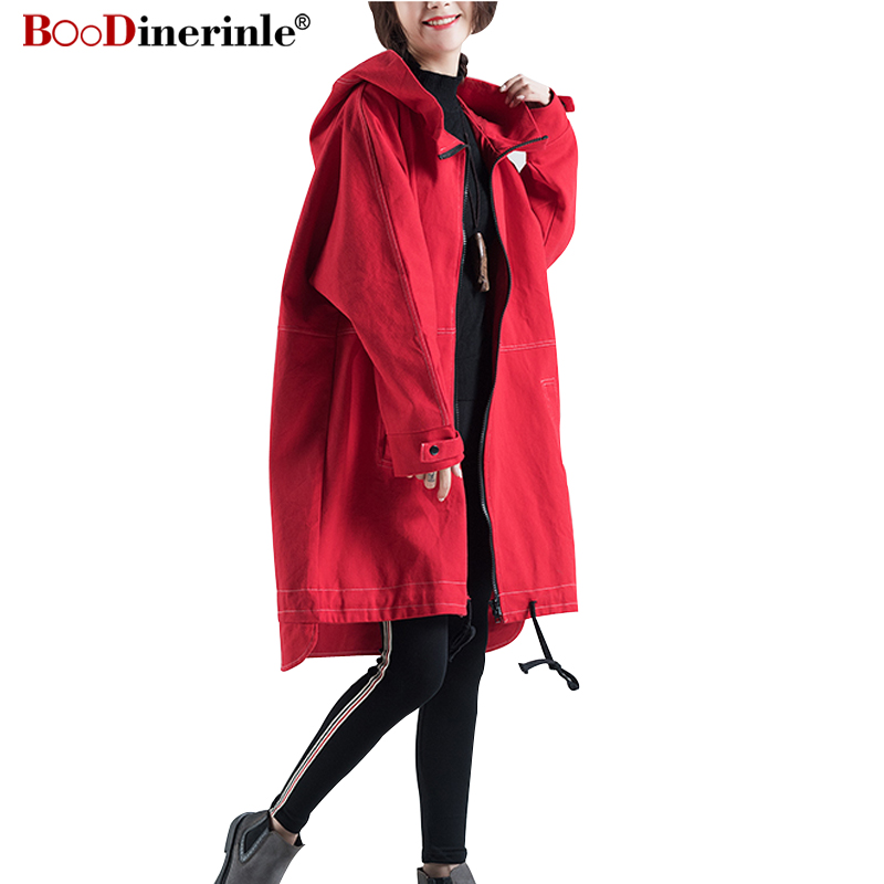 

Autumn Women's Trench Coat Casual Denim Long Overcoat for Wonem Black Loose Harajuku Pointed Hooded Windbreaker Female JK073