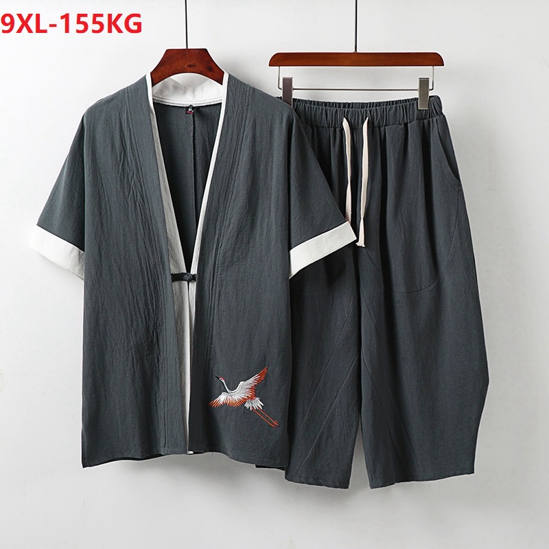 

summer Men Chinese style Short Sleeve shirt and shorts linen plus size 9XL 8XL Tang suit vintage shirts oversize navy blue 68 70, Black