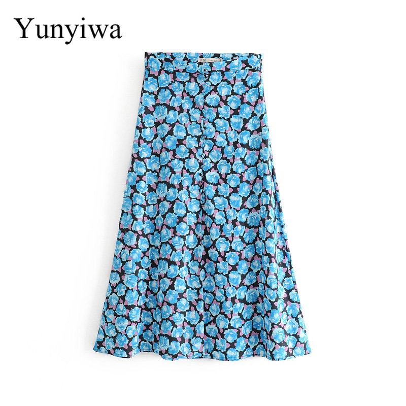 

2019 Women Fashion Floral Printing Casual Slim A Line Skirt Faldas Mujer Side Zipper Buckles Vestidos Split Chic Skirts, As picture