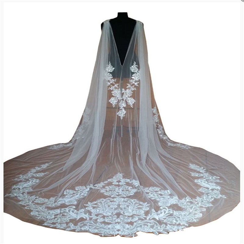 

Hot Sale 2018 Bridal Wedding Shawl Cloaks Bolero Cape Lace Jacket Wraps White Ivory Shrug Cathedral Train 3M Long Veil