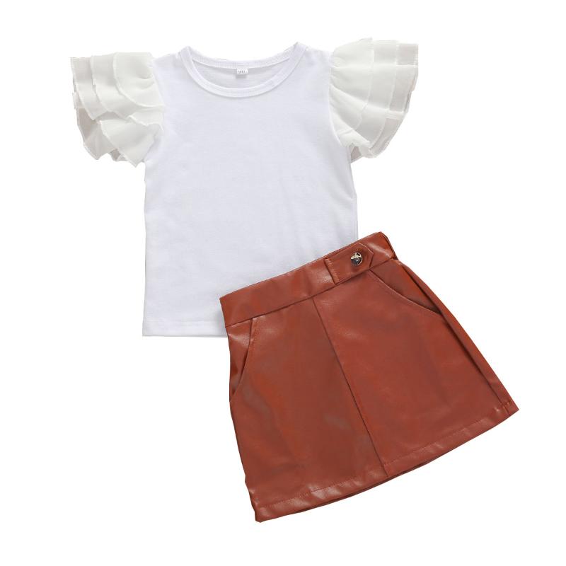 

2020 Fashion Infant Baby Girls Clothes Sets Ruffles Lace Sleeve White T Shirts Tops+PU Leather Skirts 2pcs, As pic