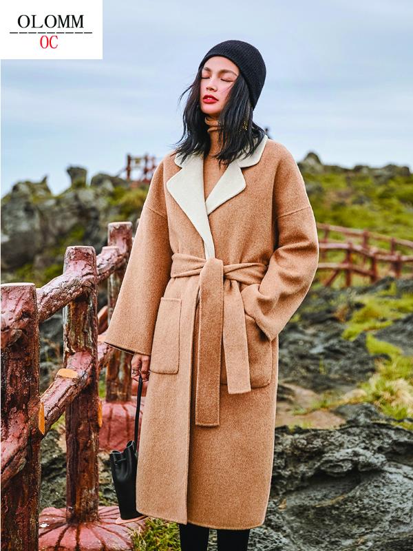 

OLOMM Woolen coat Women' long sleeve coat wool Double-faced woolen cloth scarf Vest Three-piece set custom made, Black