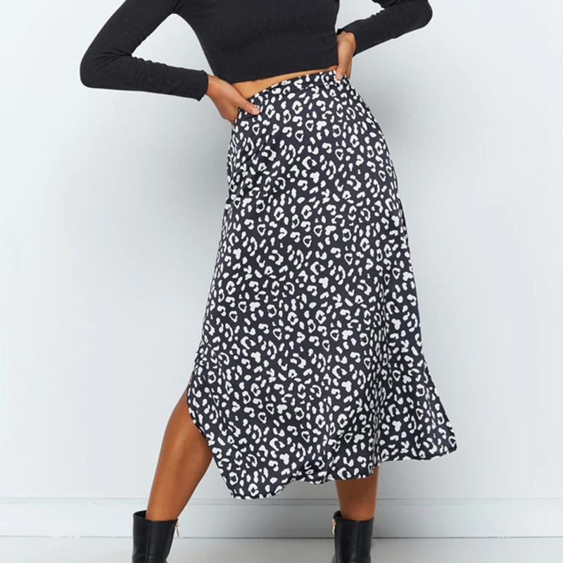 

Fashion Female Chiffon Leopard Print Split Sexy High Waist Mid-length Half Skirt Casual Loose Skirts