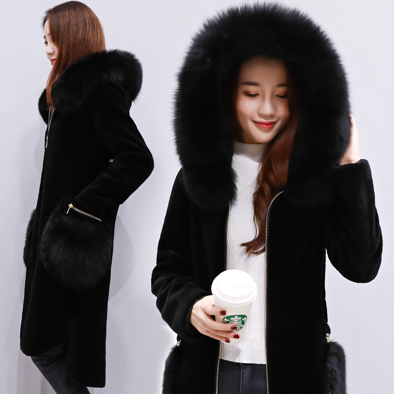 

Genuine New Luxury 2020 Natural Fur Collar Coat Jacket Sheep shearing Winter Women Fur Trench Outerwear Coats Plus Size s, Black