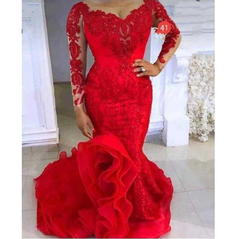 2021 Red Mermaid Evening Dresses Long Scoop Lace Appliques Ruffles Sequins Plus Size Prom Dress Dubai Arabic vestidos Long Sleeves