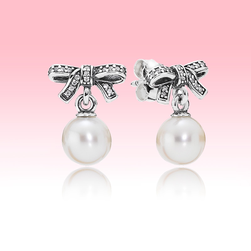 White Pearl Pendant Earring Beautiful Women Wedding Jewelry for Pandora 925 Sterling Silver Bow Stud Earrings with Original box