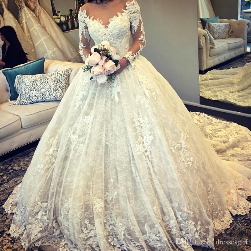 

Adorable V Neck Wedding Dresses Vintage Lace Appliques Illusion Long Sleeve Bridal Gowns Sweep Train Vestido de Novia, White
