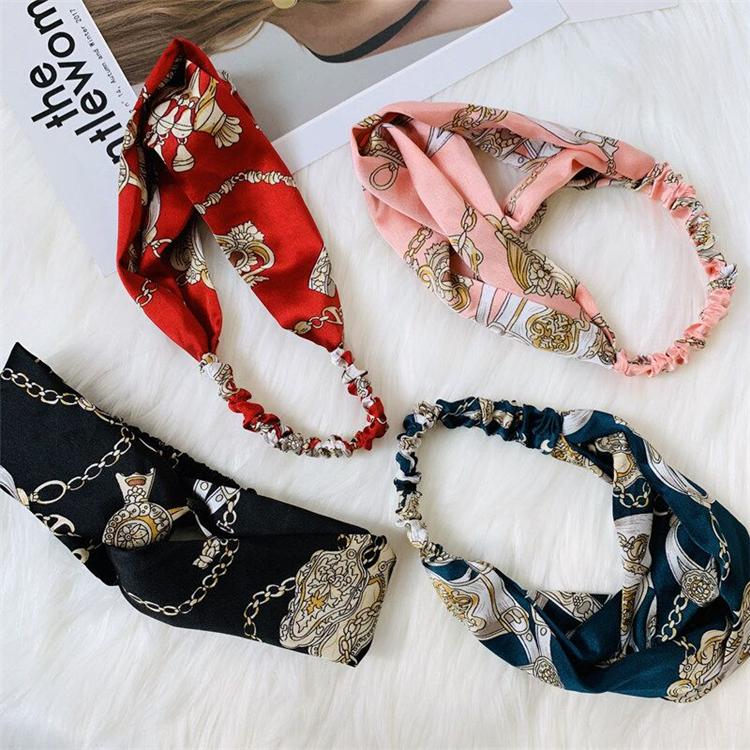 

2020 New Designer Cross Headband For Women Fashion Elastic Chain Printed Hair Bands Girl Turban Head Wraps Gifts, Multi-color