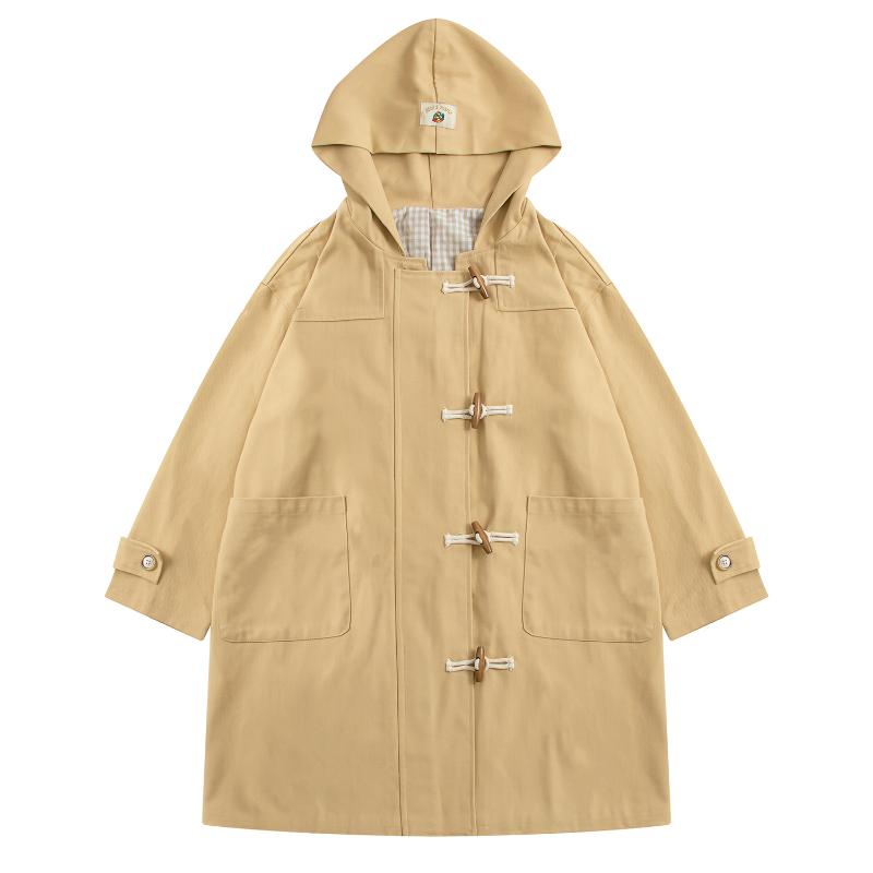 

Autumn Winter New Horns Buckle Women Wool Blends Coats Hooded Outerwear Ladies Loose Long Coat Khaki Plaid Liner Cute Patch