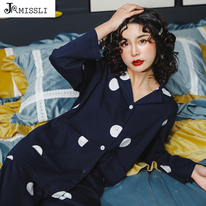 

JRMISSLI Cotton Pajamas sets Elegant Print Dot Print Pajama Set Turn Down Collar Cute Sleepwear Home Clothing
