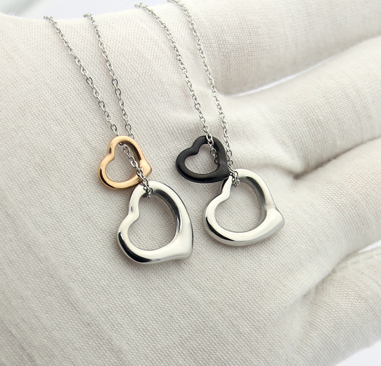 

New Arrive Fashion Lady 316L Titanium steel 18K Plated Gold Necklaces With Letter T Hollow Out Double Heart Pendant 3 Color
