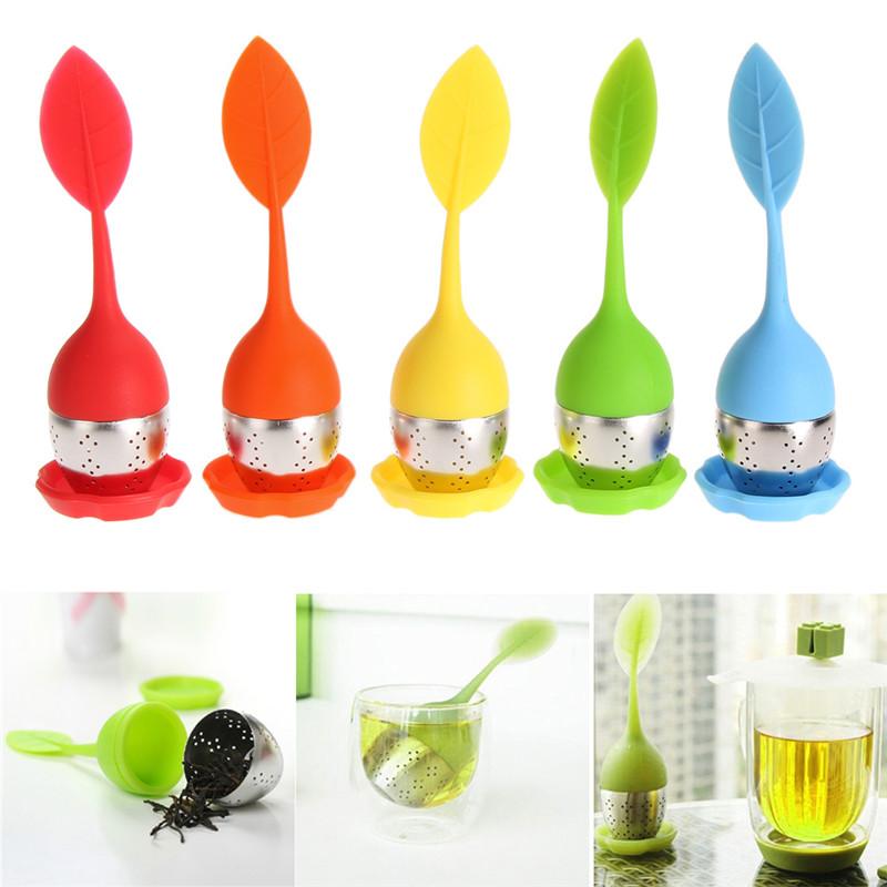 

8 Color Sweet Leaf tea infuser silicone Reusable Strainer with Drop Tray Novelty tea bag Herbal Spice Filter infusores c473