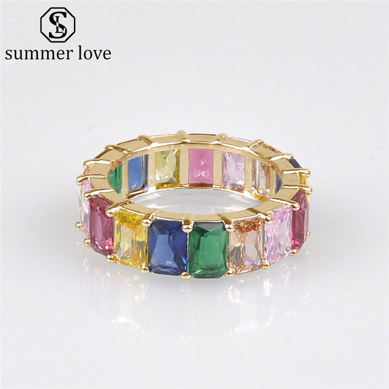 

Boho Rainbow Zircon Stacking Ring Fashion Colorful Baguette Wedding Engagement Eternity Rings For Women Valentine's Day Gift-Z, Silver