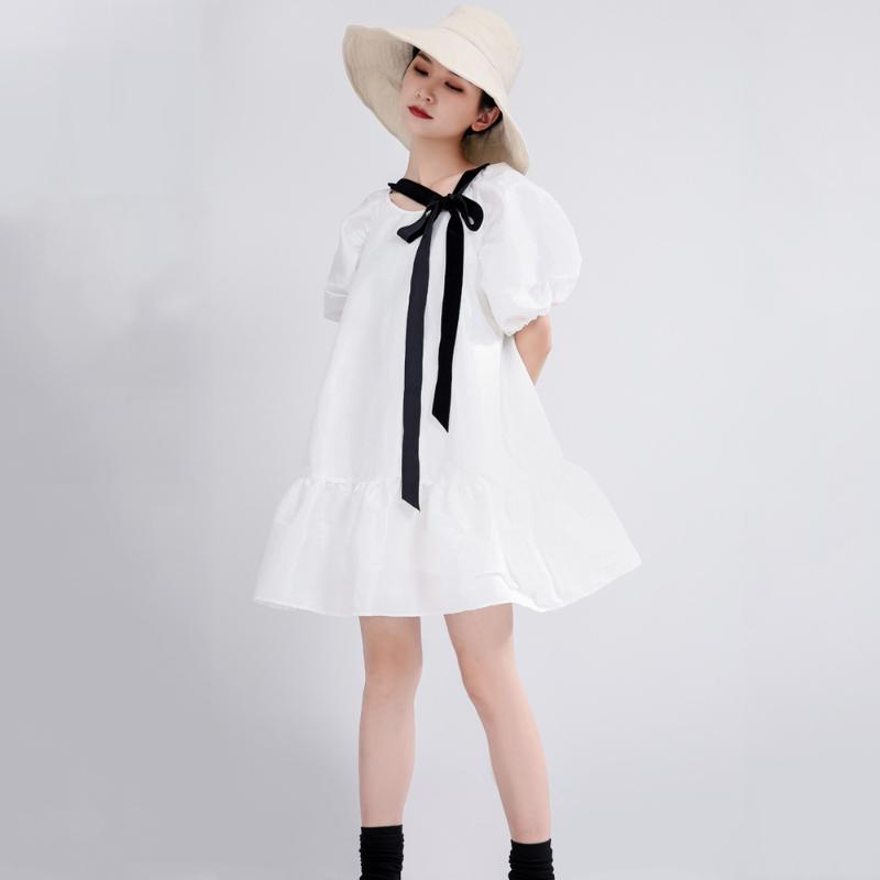

2020 New Summer Ruffled Tie Women Dress Original Design French Style Fashion Loose Ladies Dresses Puff Sleeve Temperament Robe, White
