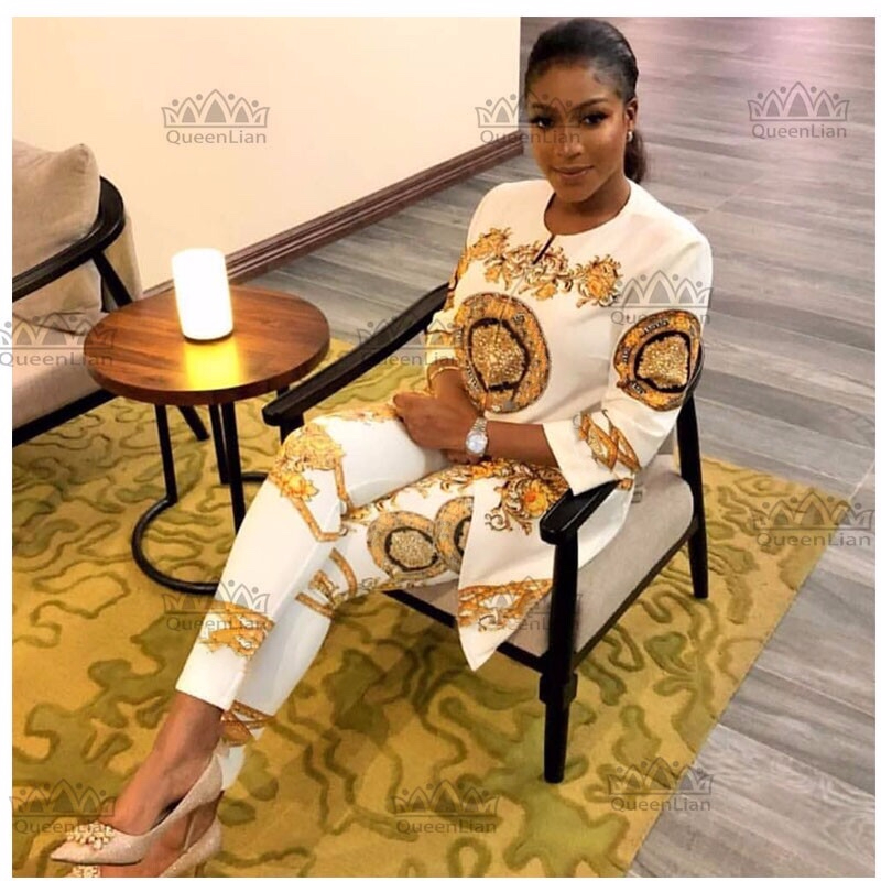 

New African Print Elastic Bazin Baggy Pants Rock Style Dashiki Sleeve Famous Suit For Lady