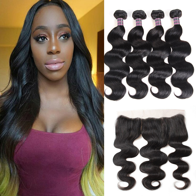 

Ishow 13*4 Lace Frontal With 4 PCS Peruvian Hair Extensions Brazilian Virgin Human Hair Bundles with Closure Body Wave for Women Girls All Ages 8-28inch Natural Black, Natural color