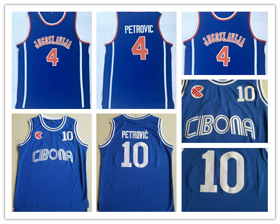 

Mens Vintage College #10 Cibona Drazen Petrovic Basketball Jerseys Drazen Petrovic #4 Jugoslavija Yugoslavia Croatia Shirts Blue, Black